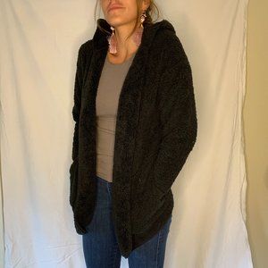Black Fluffy Teddy Hooded Cardigan With Pockets
